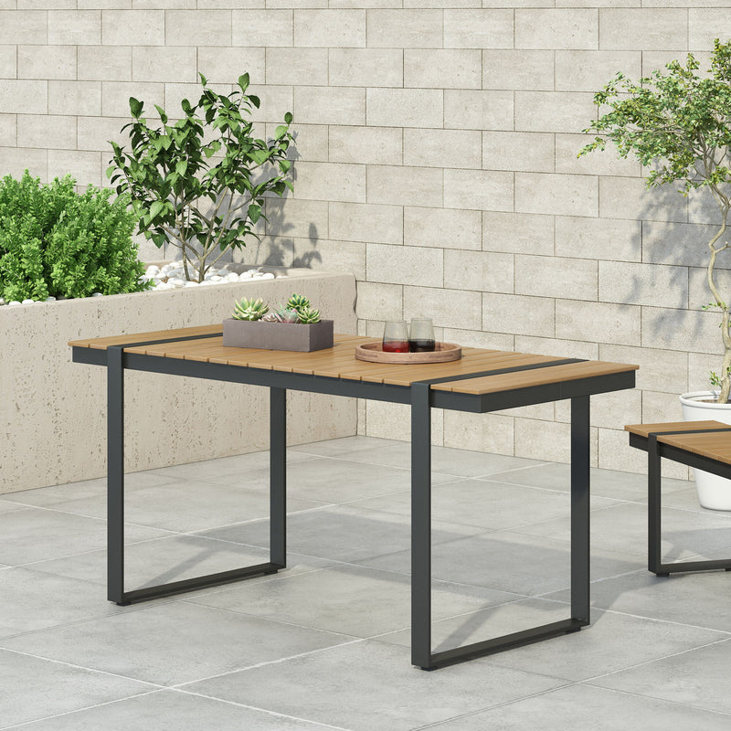 Modern Outdoor Dining Table With Aluminum Frame And Faux Wood Slats