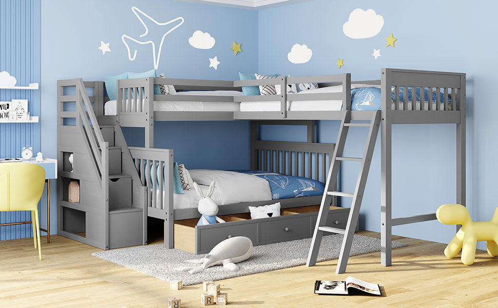 Twin over Full L-Shaped Bunk Bed With 3 Drawers, Ladder and Staircase - Gray - Atlantic Fine Furniture Melbourne FL