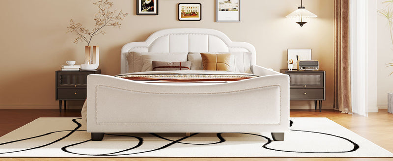Full Size Upholstered Daybed with Cloud Shaped Headboard, Embedded Elegant Copper Nail Design, Beige