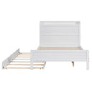 Full Size Platform Bed with Storage Headboard and Twin Size Trundle, White