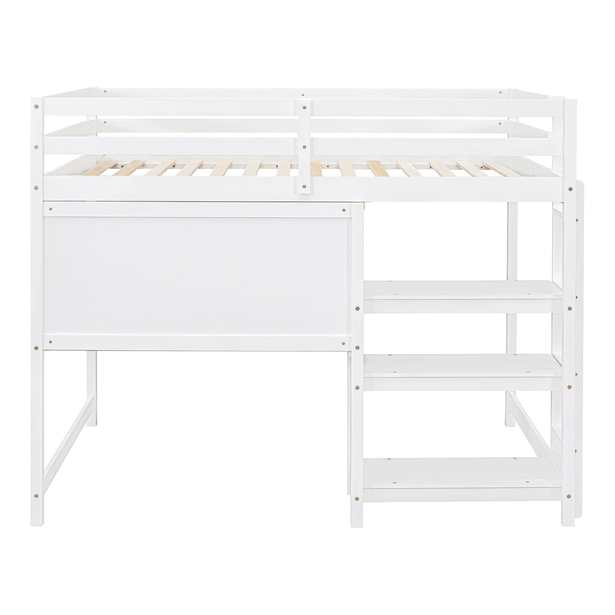 Full Size Wooden Loft Bed with Shelves, Desk and Writing Board - White