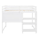 Full Size Wooden Loft Bed with Shelves, Desk and Writing Board - White