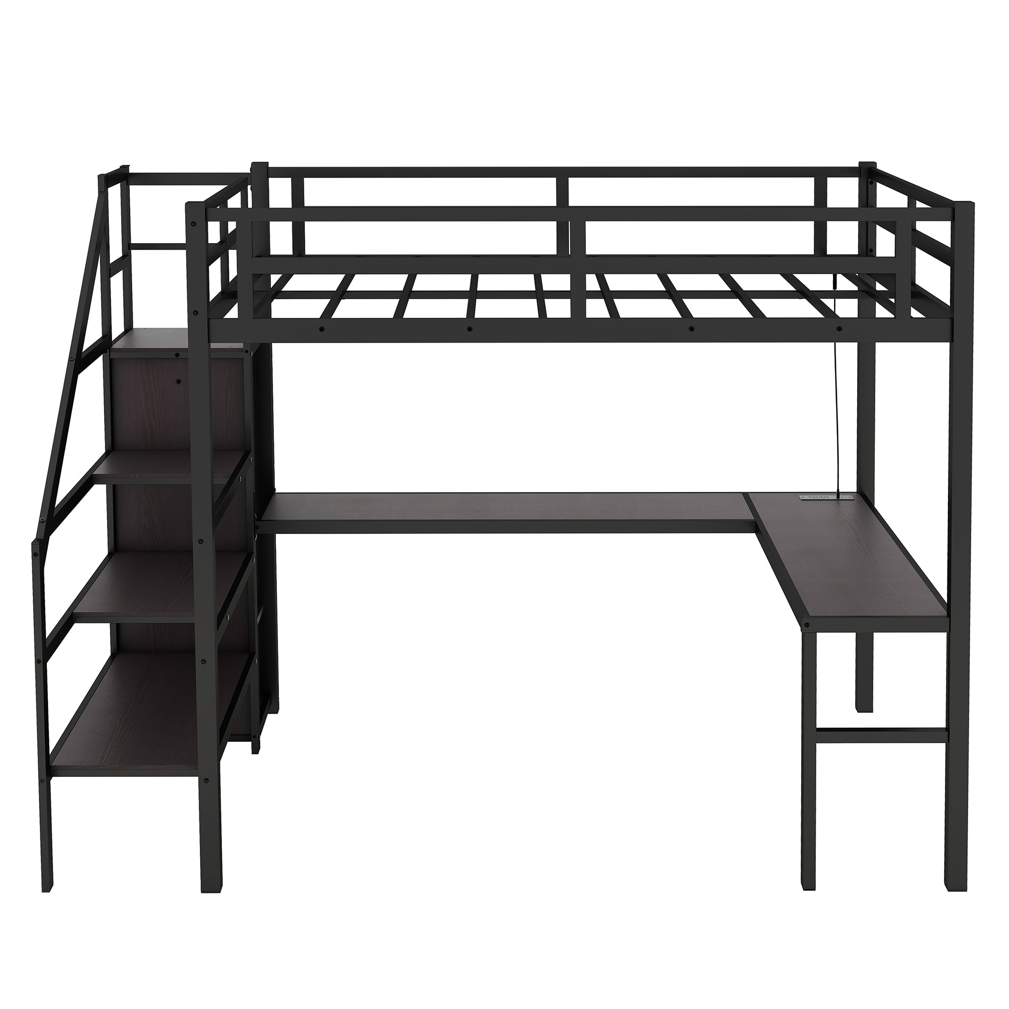 Full XL Size Loft Bed with L-shaped Desk and USB, Metal Loft Bed with Wardrobe and Adjustable Shelf, High Loft Bed with LED for Kids Teens Adults, Black
