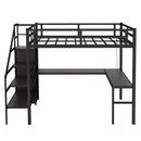 Full XL Size Loft Bed with L-shaped Desk and USB, Metal Loft Bed with Wardrobe and Adjustable Shelf, High Loft Bed with LED for Kids Teens Adults, Black