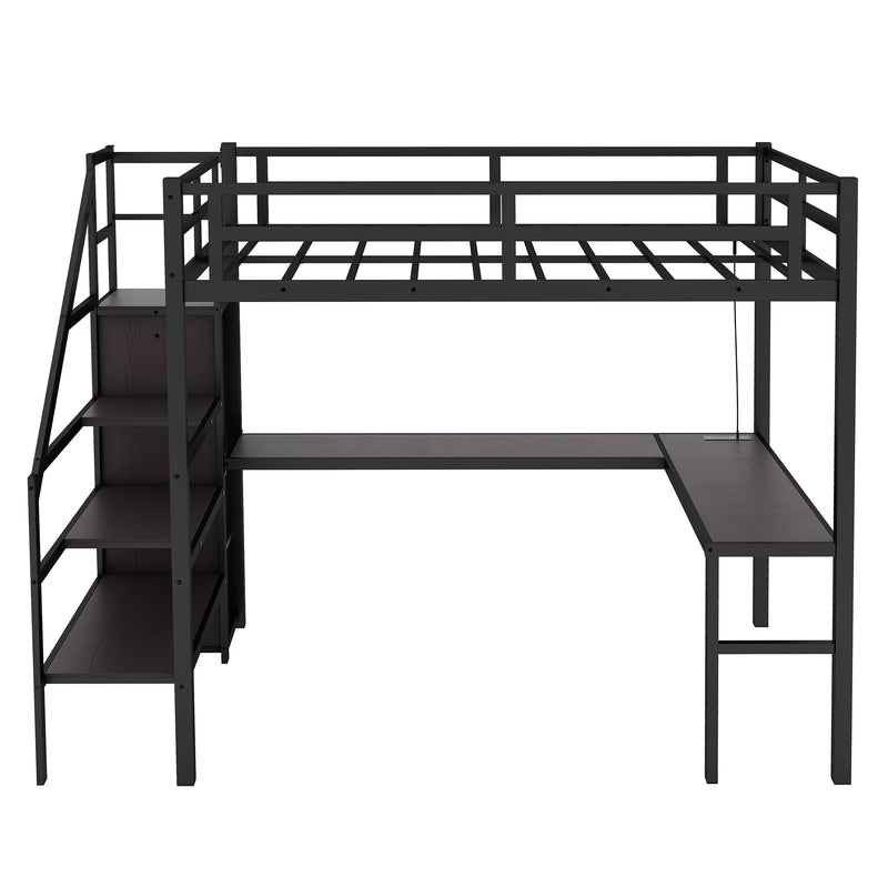 Full XL Size Loft Bed with L-shaped Desk and USB, Metal Loft Bed with Wardrobe and Adjustable Shelf, High Loft Bed with LED for Kids Teens Adults, Black
