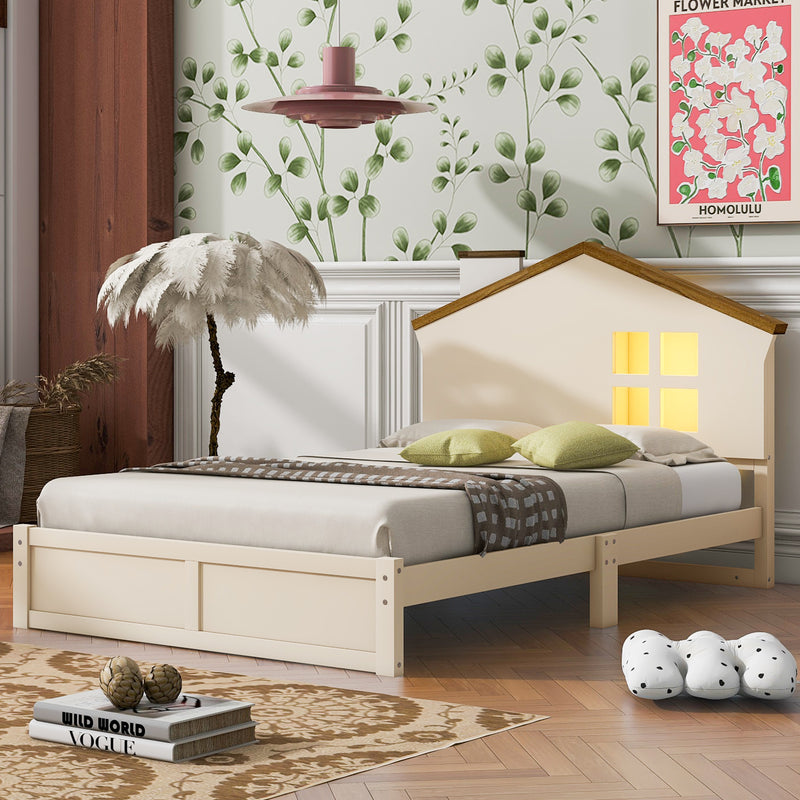 Twin Size Wood Platform Bed with House-shaped Headboard and Built-in LED, Walnut+Milk White