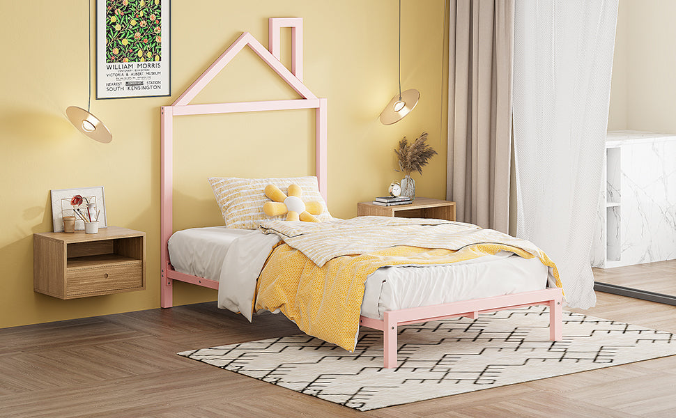 Twin Size Metal Platform Bed with House-Shaped Headboard Design, Pink - Atlantic Fine Furniture Melbourne FL