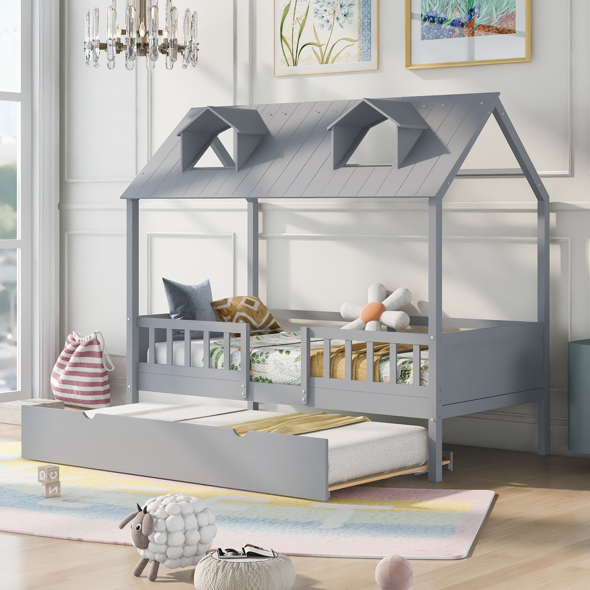 Twin Size House Bed Wood Bed with Twin Size Trundle ( Gray ) - Atlantic Fine Furniture Melbourne FL