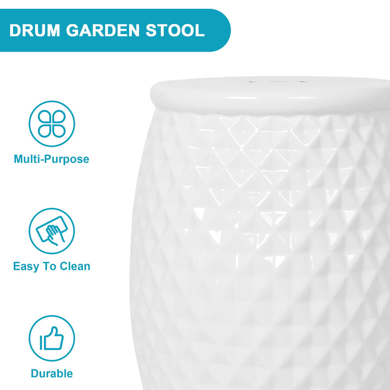 Glazed Ceramic Drum Stool Indoor / Outdoor Side Table Ceramic - White