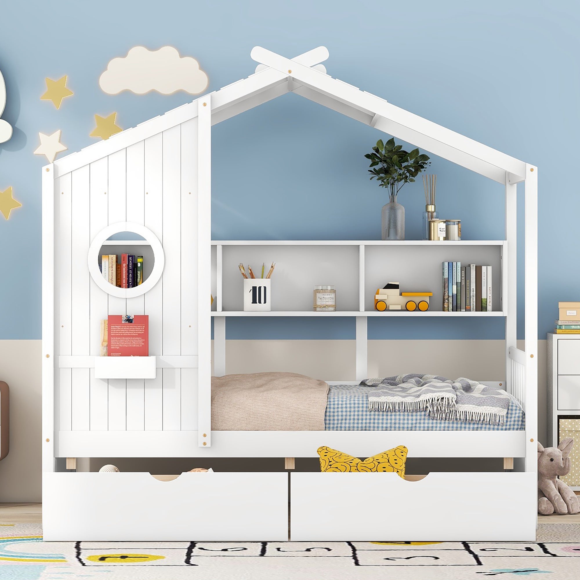 Wooden Twin Size House Bed with 2 Drawers,Kids Bed with Storage Shelf, White - Atlantic Fine Furniture Melbourne FL