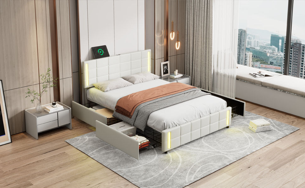 Queen Size Upholstered Platform Bed with LED Lights and USB Charging, Storage Bed with 4 Drawers, White - Atlantic Fine Furniture Melbourne FL