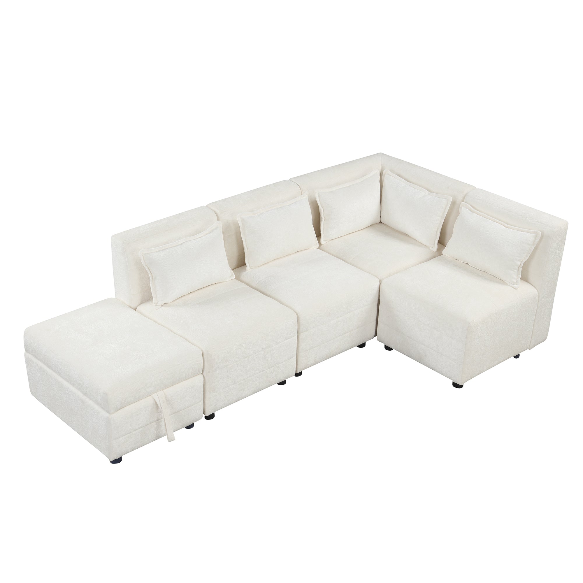 Free-Combined Sectional Sofa 5-seater Modular Couches with Storage Ottoman, 5 Pillows for Living Room, Bedroom, Office, Cream