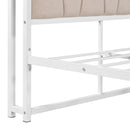 Full Size Metal Platform Bed Frame with Twin size trundle, Upholstered headboard, Sockets, USB Ports and Slat Support, No Box Spring Needed, White