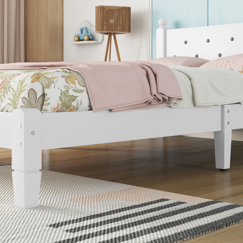 Twin Bed With Button-Decoration Headboard, With Bed Slats - White