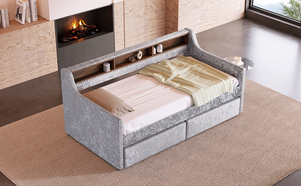 Twin Size Snowflake Velvet Daybed with Two Storage Drawers and Built-in Storage Shelves,Gray - Atlantic Fine Furniture Melbourne FL