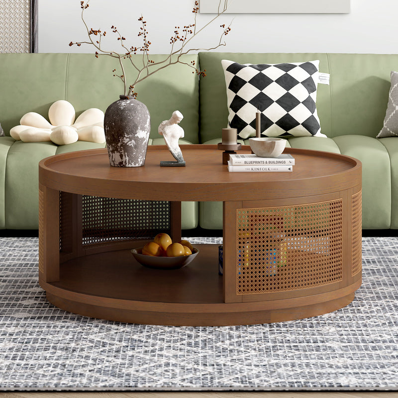 Round Cane Coffee Table With Rattan Side