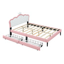 Full Size Princess Bed With Crown Headboard and 2 Drawers, Full size Platform Bed with Headboard and Footboard,White+Pink