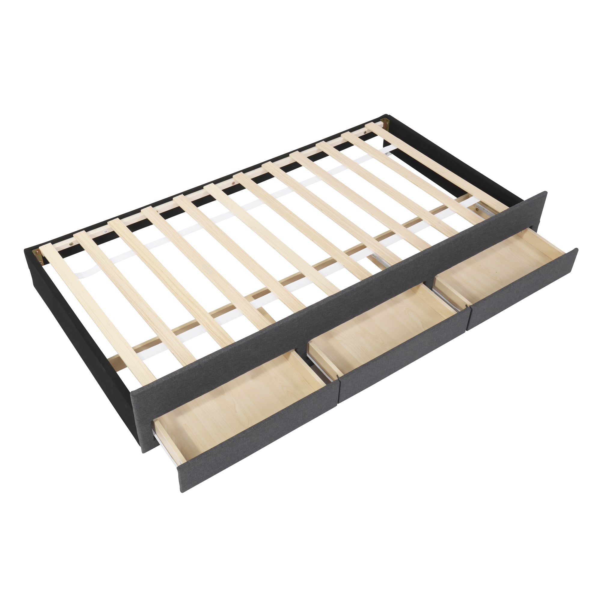 Twin Size Upholstered Platform Bed with Trundle and 3 Drawers, Linen Fabric, Gray - Atlantic Fine Furniture Melbourne FL