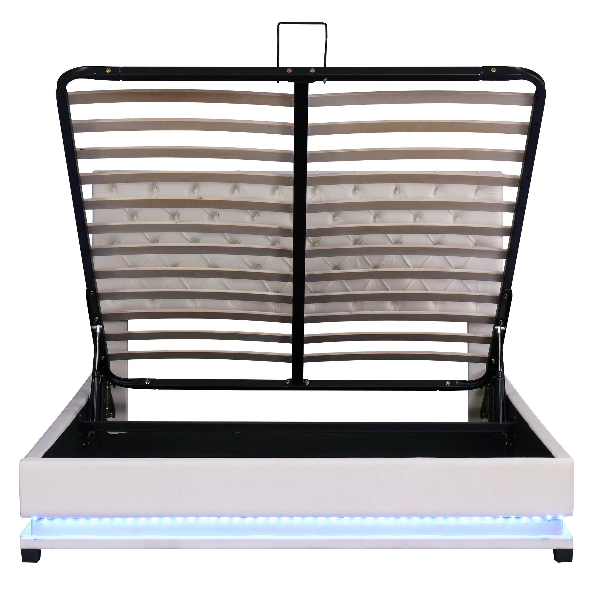 Queen Size Storage Upholstered Platform Bed with Adjustable Tufted Headboard and LED Light, Beige - Atlantic Fine Furniture Melbourne FL