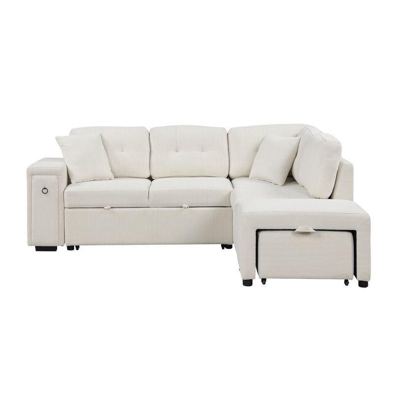 Sectional Sofa L-Shaped Sofa Couch Pull-Out Sofa Bed With A Movable Ottoman, Two USB Ports And Two Cup Holders For Living Room