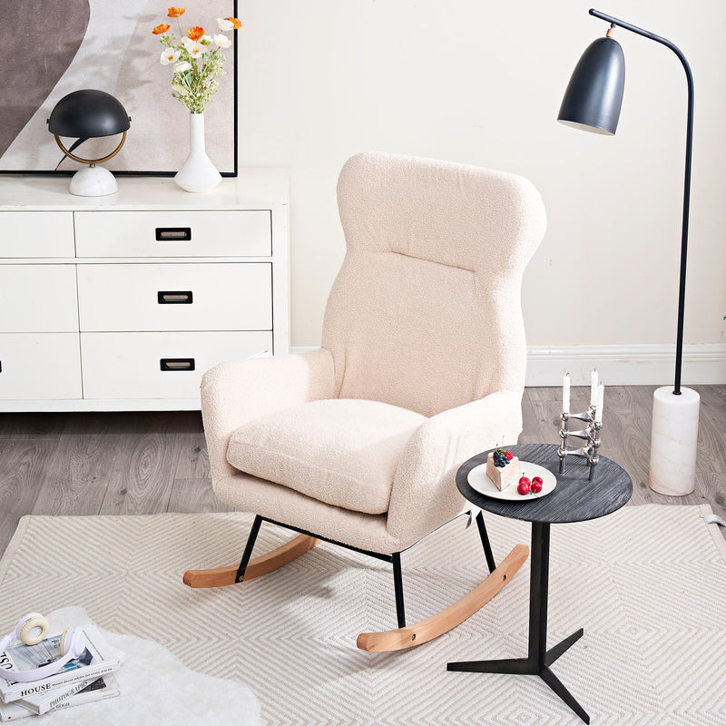 Modern Teddy Fabric Rocking Chair With High Backrest And Armrests Lounge Accent Chair For Living Room - Beige