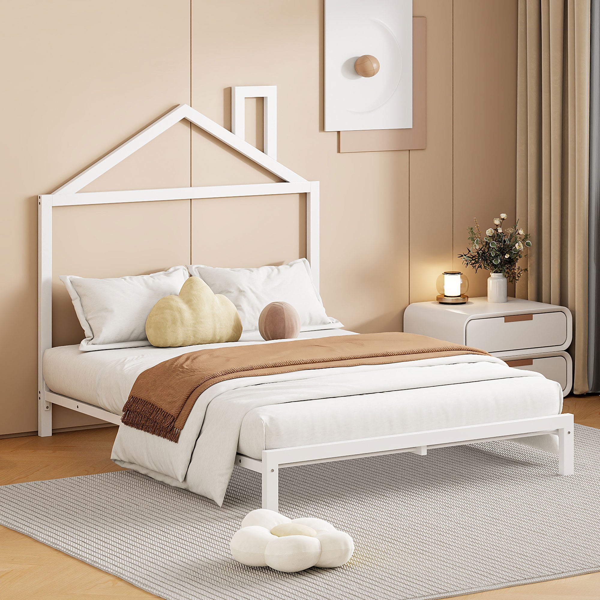 Full Size Metal Platform Bed with House-Shaped Headboard Design, White - Atlantic Fine Furniture Melbourne FL
