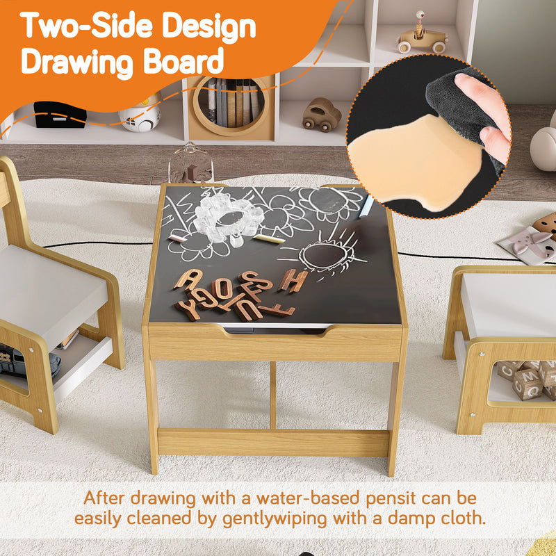 3 In 1 Kids Study Table & Chairs Set Multi Functional Activity Table With Detachable Blackboard Top - Natural Wood