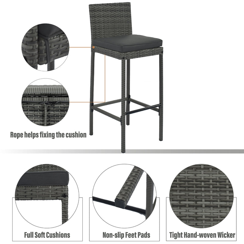 5 Pieces Outdoor Patio Wicker Bar Set, Bar Height Chairs With Non-Slip Feet And Fixed Rope, Removable Cushion, Acacia Wood Table Top - Brown / Gray