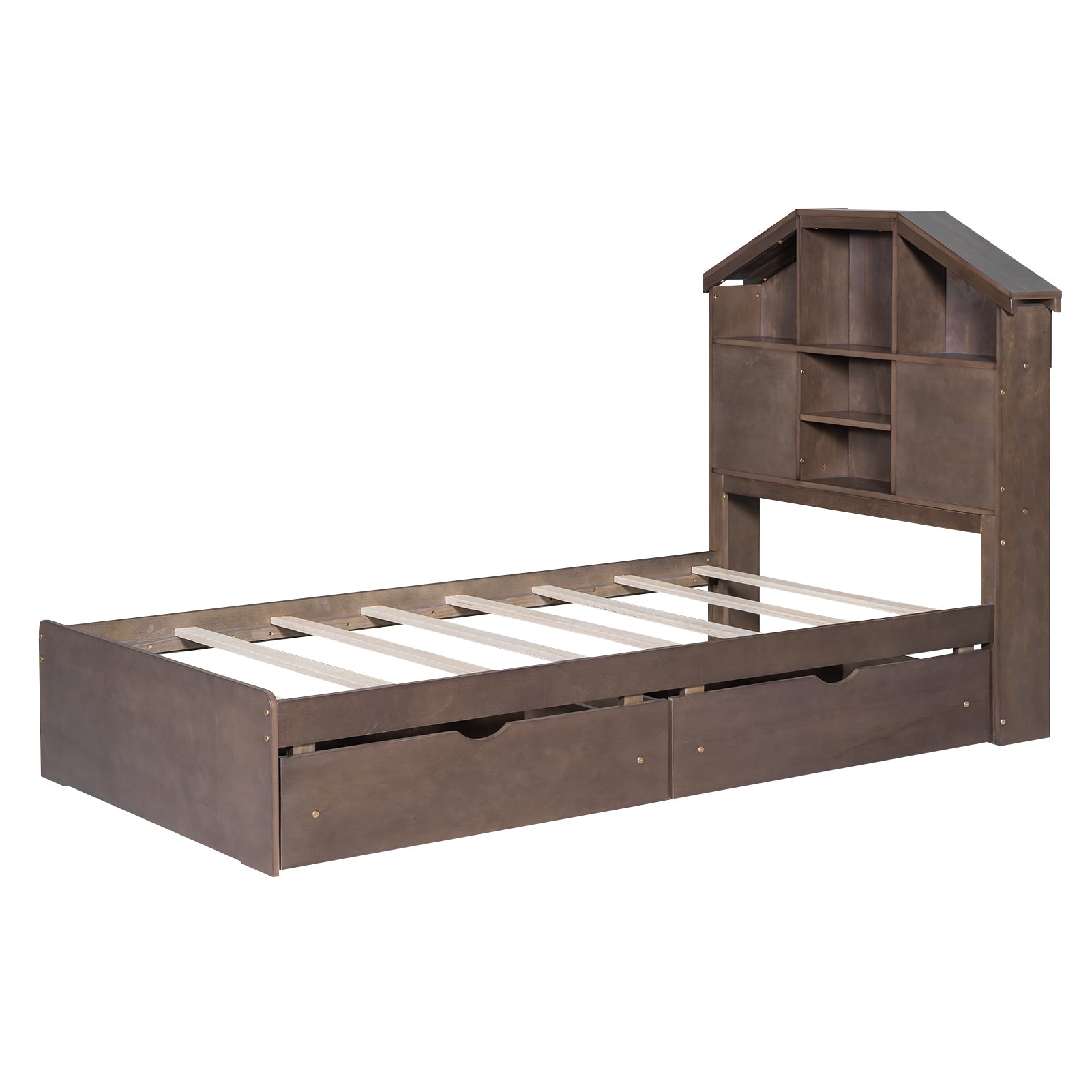 Twin Size Wood Platform Bed with House-shaped Storage Headboard and 2 Drawers, Walnut - Atlantic Fine Furniture Melbourne FL