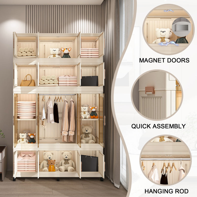 Portable Wardrobe Closet Storage Organizer With Magnetic Doors, Polypropylene - Cream White