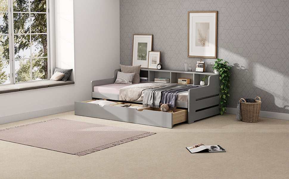 Twin Size Wooden Day Bed with Trundle for Guest Room, Small Bedroom, Study Room, Gray - Atlantic Fine Furniture Melbourne FL