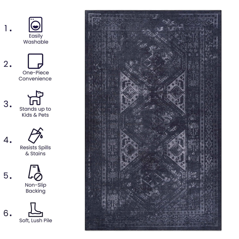 Maval - 5' X 8' Washable Area Rug - Black / Gray