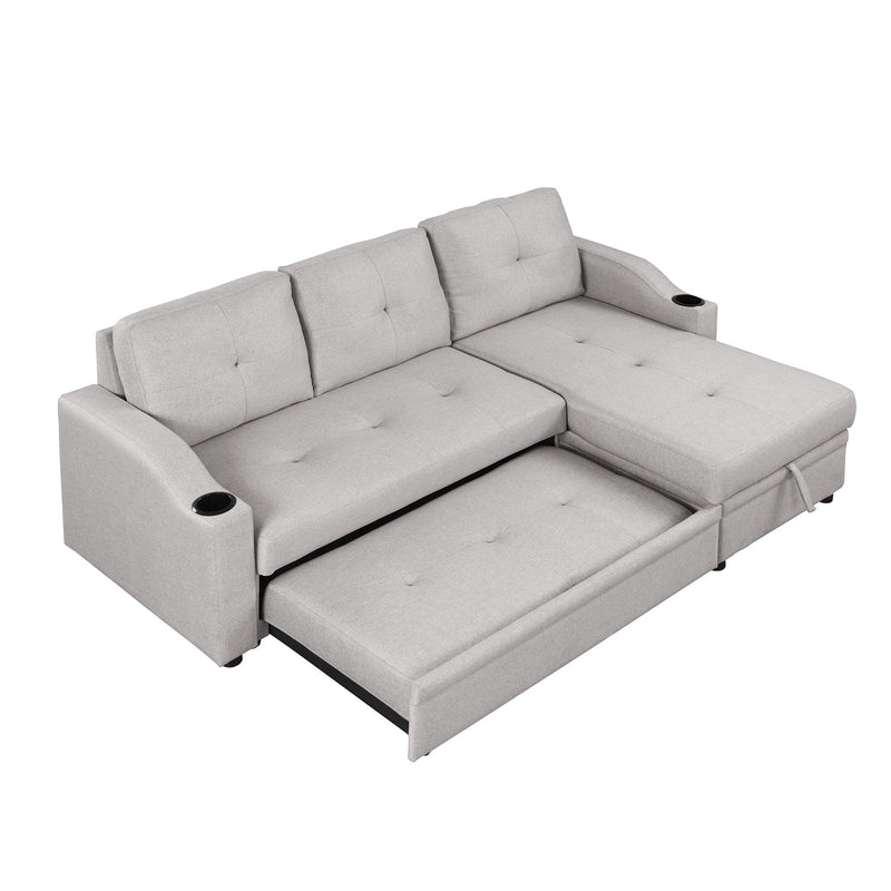 Pull Out Sofa Bed Modern Padded Upholstered Sofa Bed, Linen Fabric 3 Seater Couch With Storage Chaise And Cup Holder, Small Couch For Small Spaces