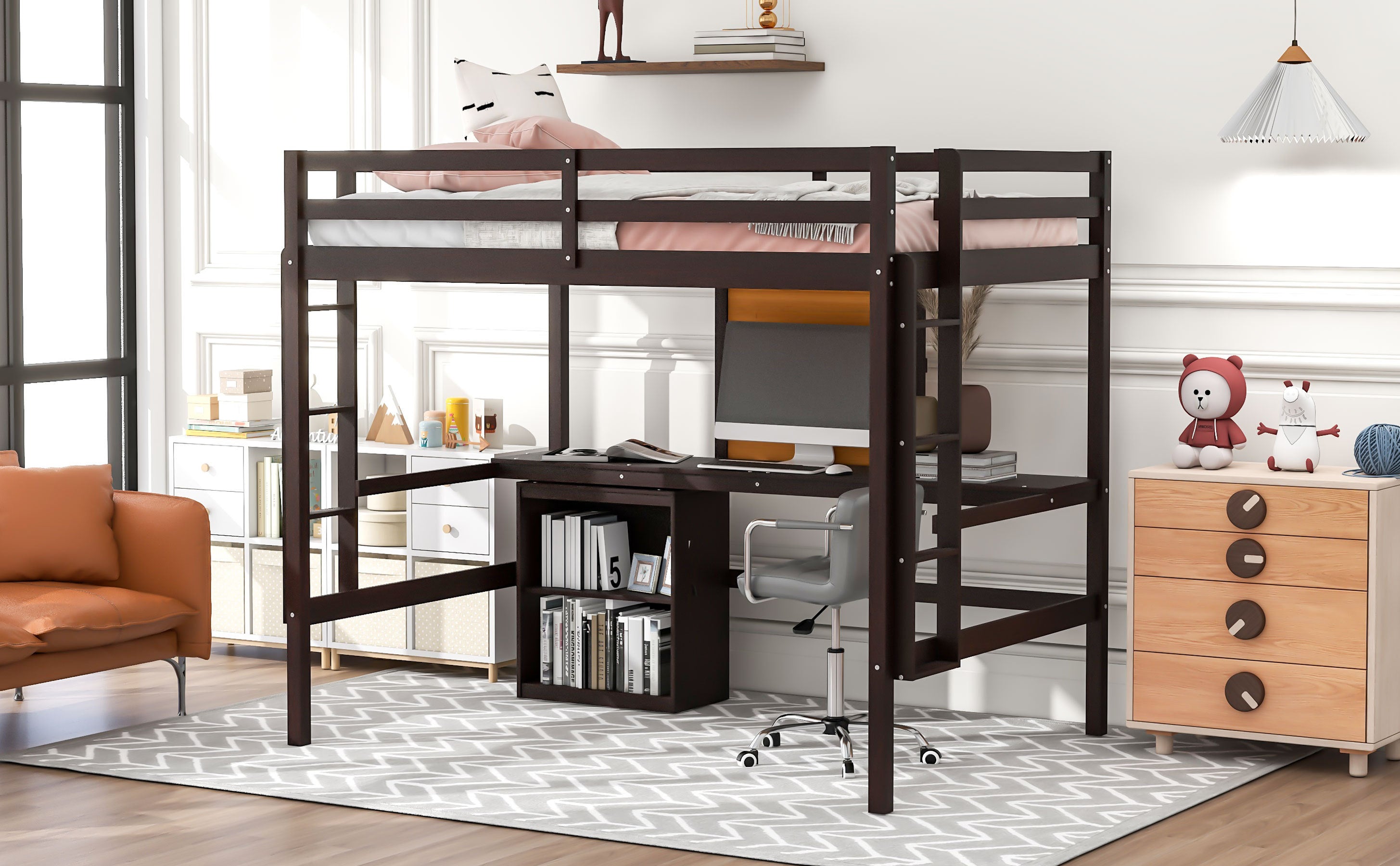 Full size Loft Bed with Desk and Writing Board, Wooden Loft Bed with Desk & 2 Drawers Cabinet- Espresso - Atlantic Fine Furniture Melbourne FL