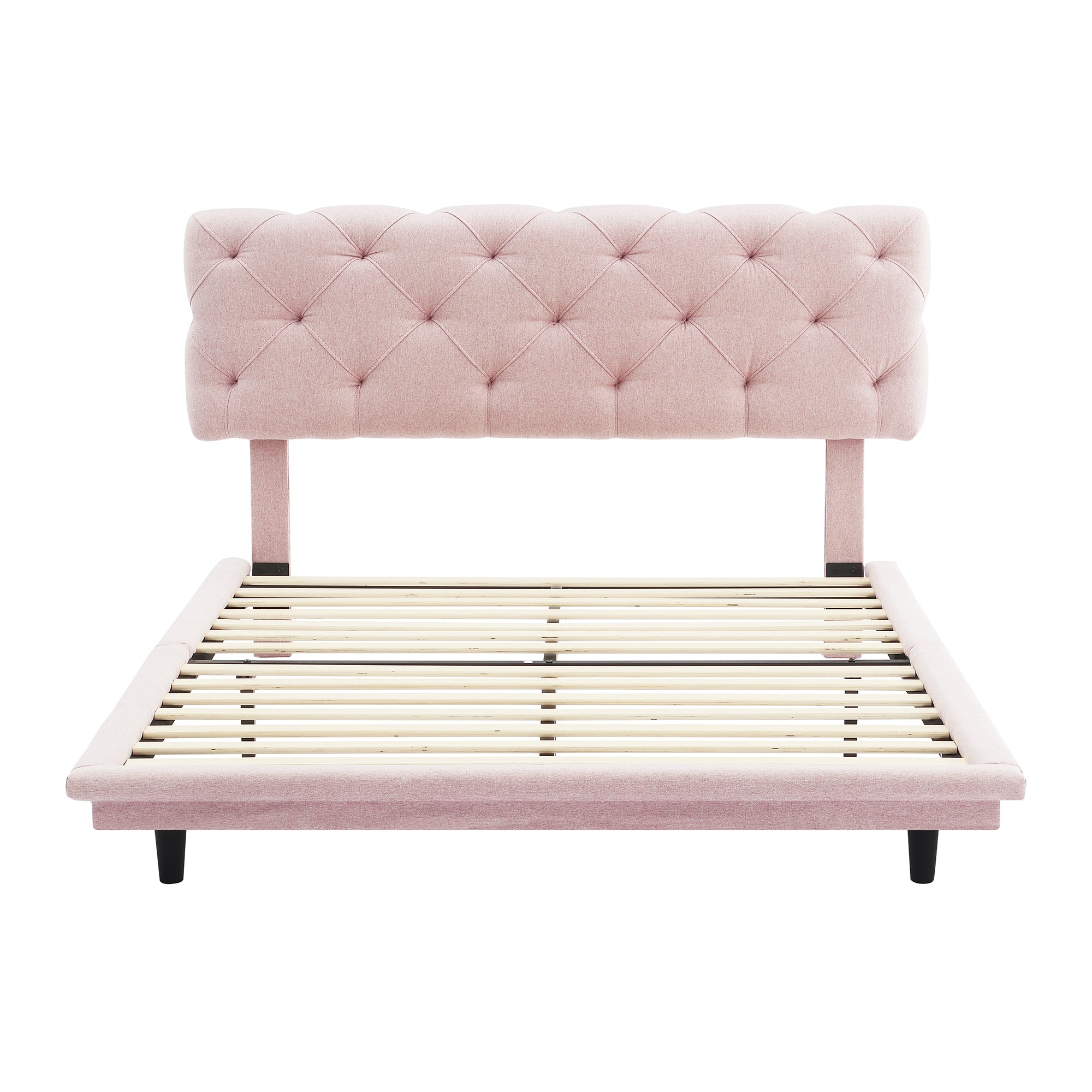 Full Size Upholstered Bed with Light Stripe, Floating Platform Bed, Linen Fabric,Pink - Atlantic Fine Furniture Melbourne FL