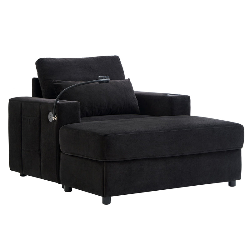 Modern Style Armchair Chaise Lounge Sofa Couch With Movable Storage Ottoman, USB Ports, Cup Holders, Phone Holder, Side Pockets