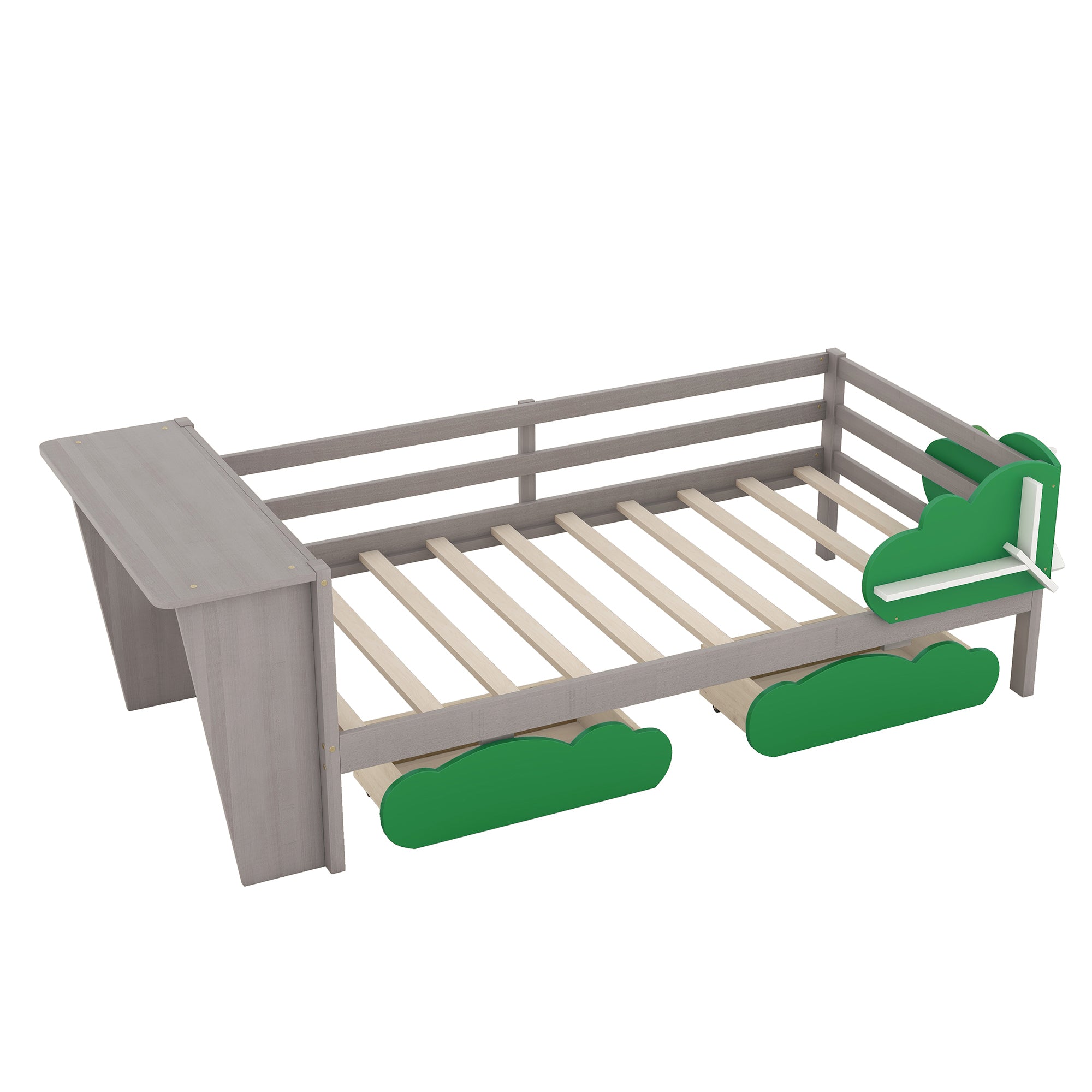 Twin Size Daybed with Desk, Green Leaf Shape Drawers and Shelves, Gray - Atlantic Fine Furniture Melbourne FL
