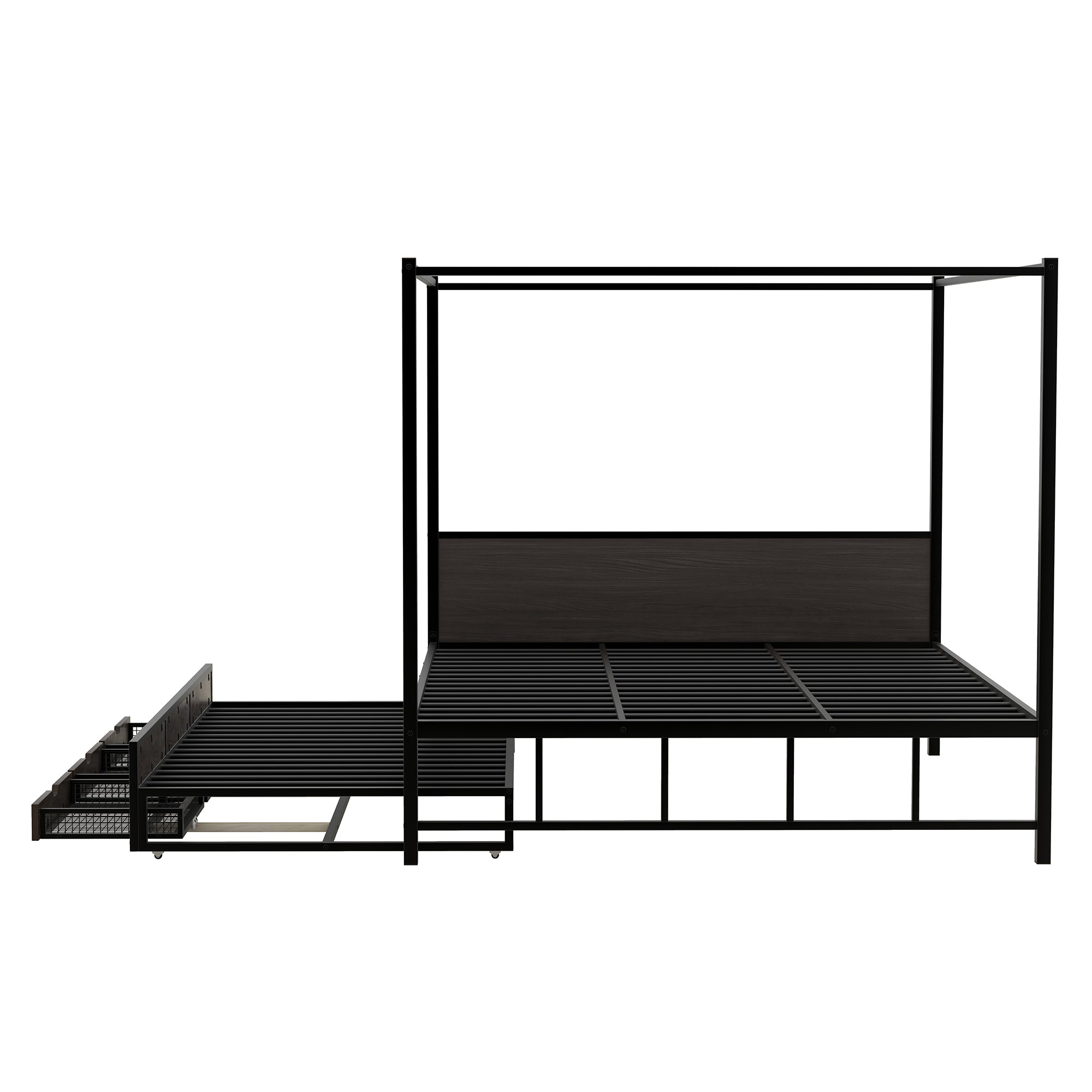Queen Size Metal Canopy Platform Bed with Twin Size Trundle and 3 Storage Drawers, Black - Atlantic Fine Furniture Melbourne FL