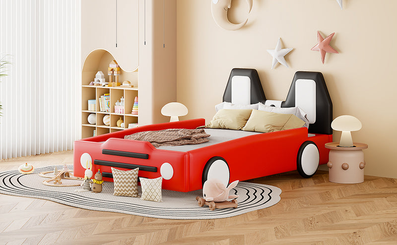 Twin Size Race Car-Shaped Platform Bed with Wheels,Red