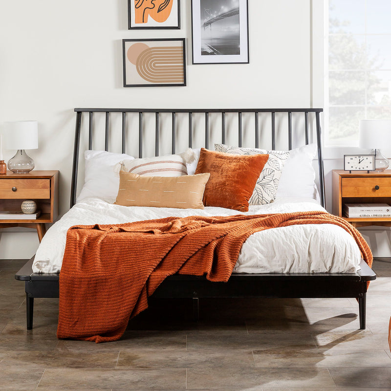 Mid-Century Modern Solid Wood Platform Bed Frame With Spindle Headboard