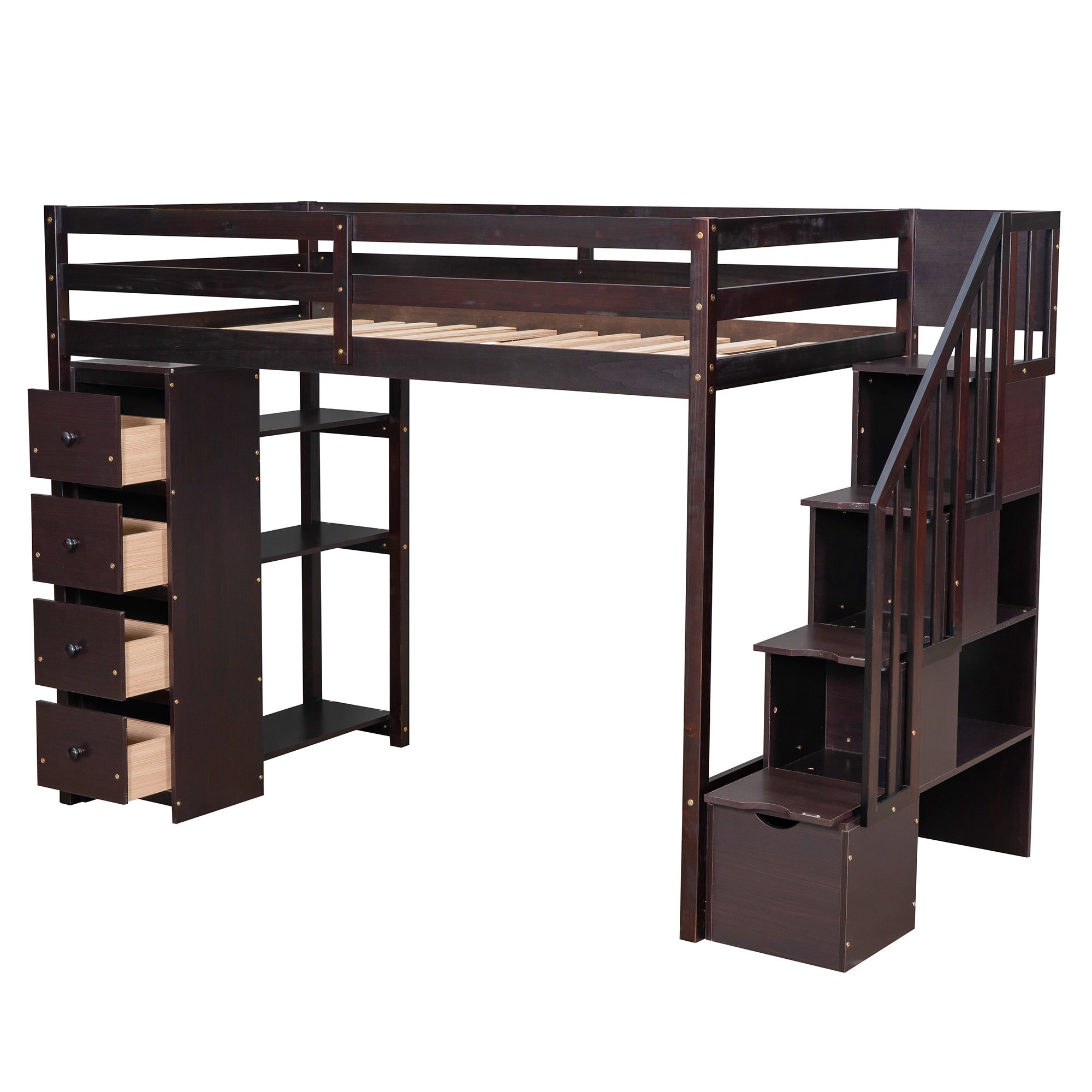 Twin size Loft Bed with Storage Drawers and Stairs, Wooden Loft Bed with Shelves - Espresso - Atlantic Fine Furniture Melbourne FL