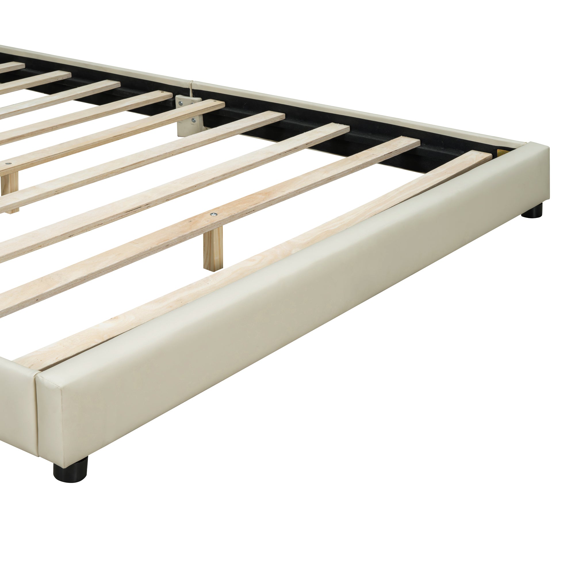 Queen Size & Twin XL Size Upholstered Platform Bed, Mother & Child Bed, PU Leather, Beige - Atlantic Fine Furniture Melbourne FL