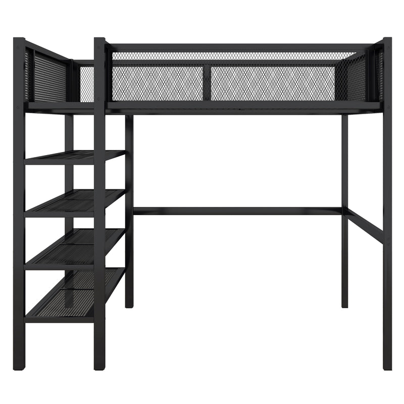 Full Size Metal Loft Bed with 4-Tier Shelves and Storage, Black