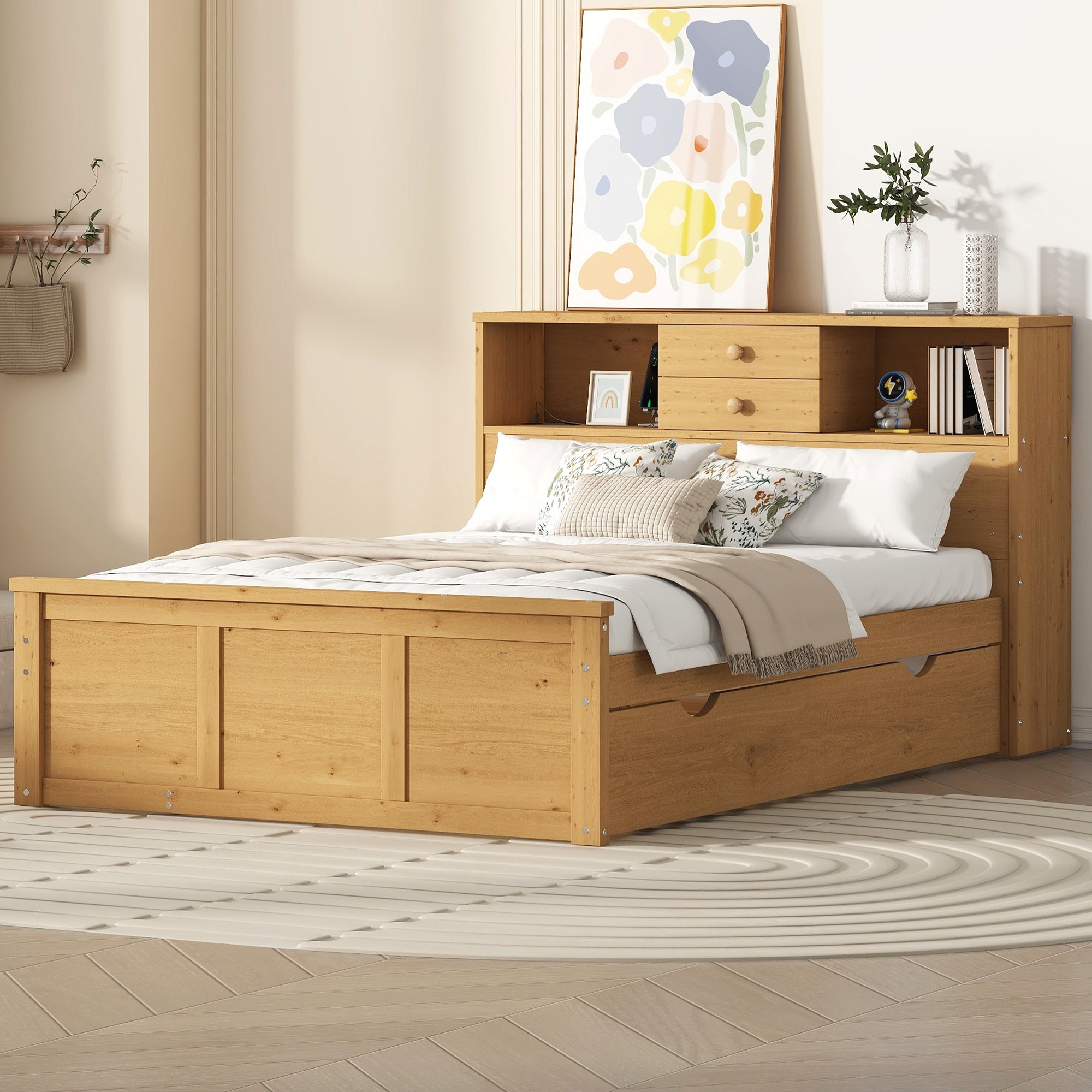 Full Size Wood Pltaform Bed with Twin Size Trundle, 3 Drawers, Upper Shelves and a set of USB Ports & Sockets, Natural - Atlantic Fine Furniture Melbourne FL