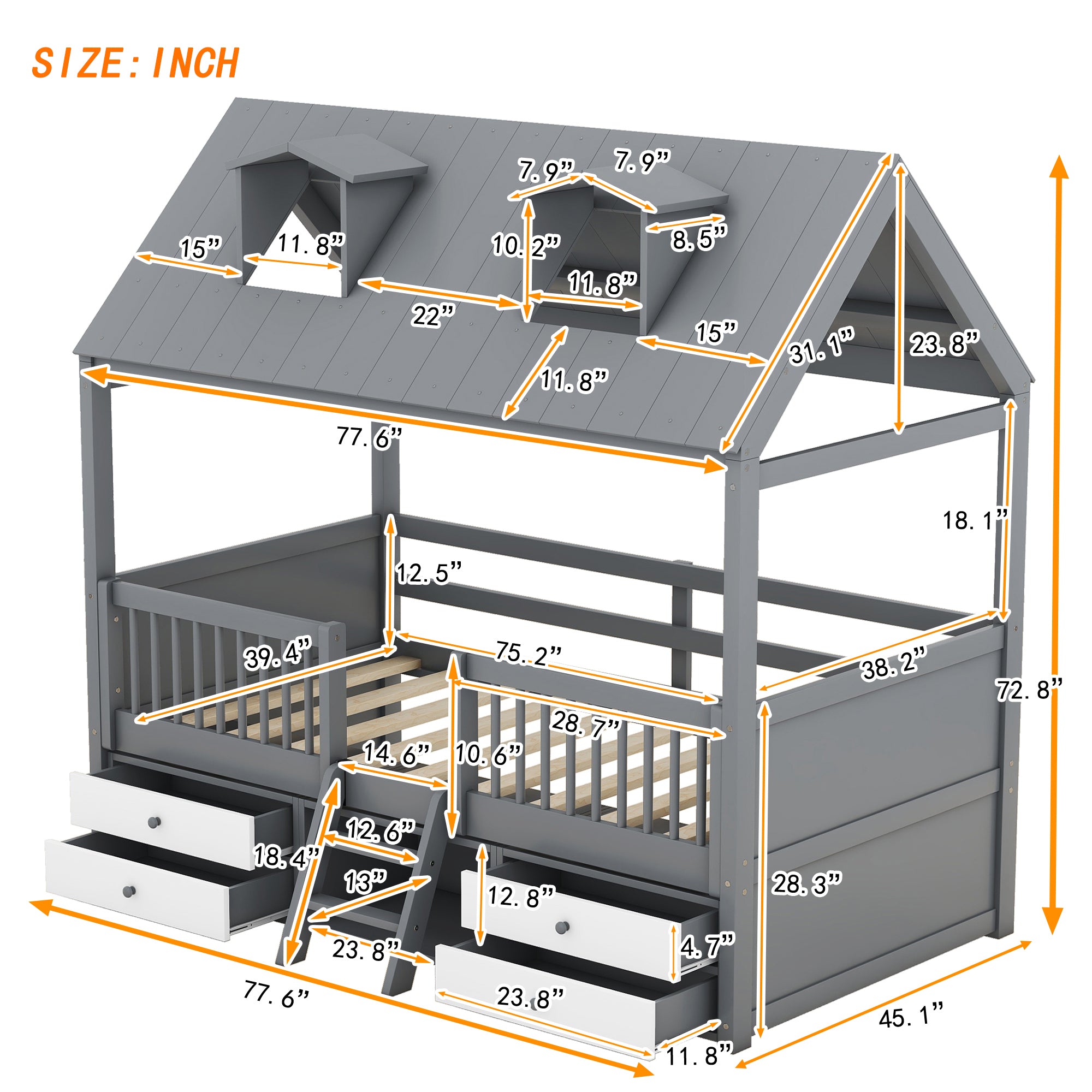 Twin Size Wood Bed House Bed Frame,Gray - Atlantic Fine Furniture Melbourne FL