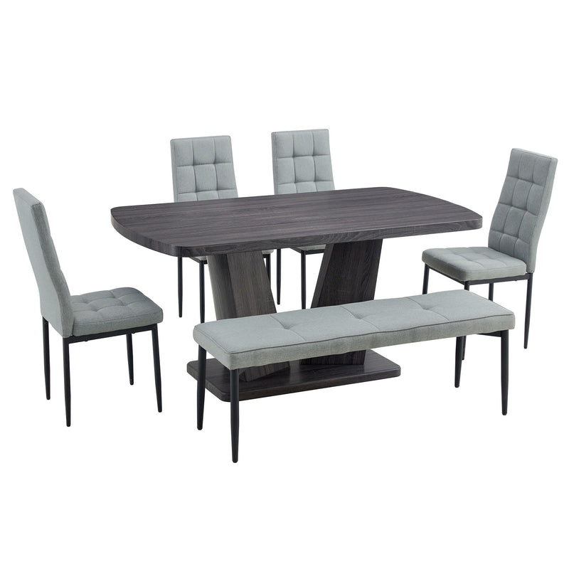 6 Piece Dining Table Set For 6, Table With V-Shaped Legs And 4 Upholstered Chairs & Bench, Modern Dining Room Set For Kitchen, Dining Room - Gray