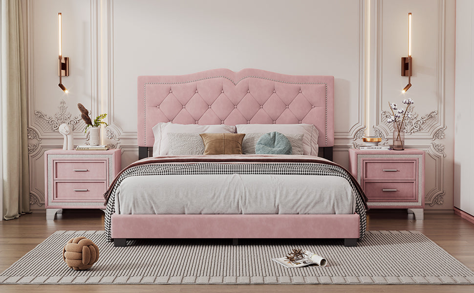 Queen Size Upholstered Bed Frame with Rivet Design, Modern Velvet Platform Bed with Tufted Headboard,Pink - Atlantic Fine Furniture Melbourne FL