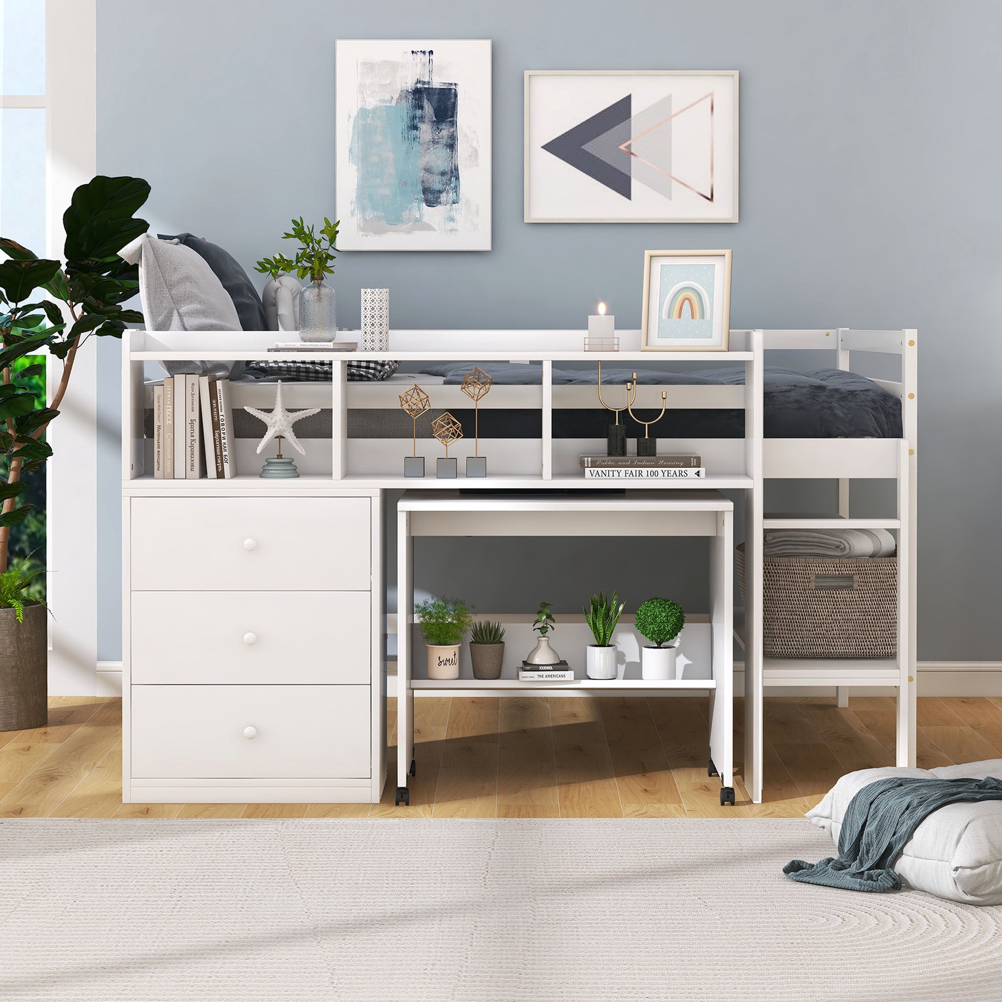 Full Size Low Loft Bed with Rolling Portable Desk, Drawers and Shelves, White(Old SKU: GX000711AAK)
