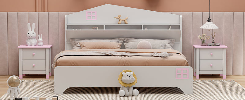 Wooden Full Size House Bed with Storage Headboard ,Kids Bed with Storage Shelf,White