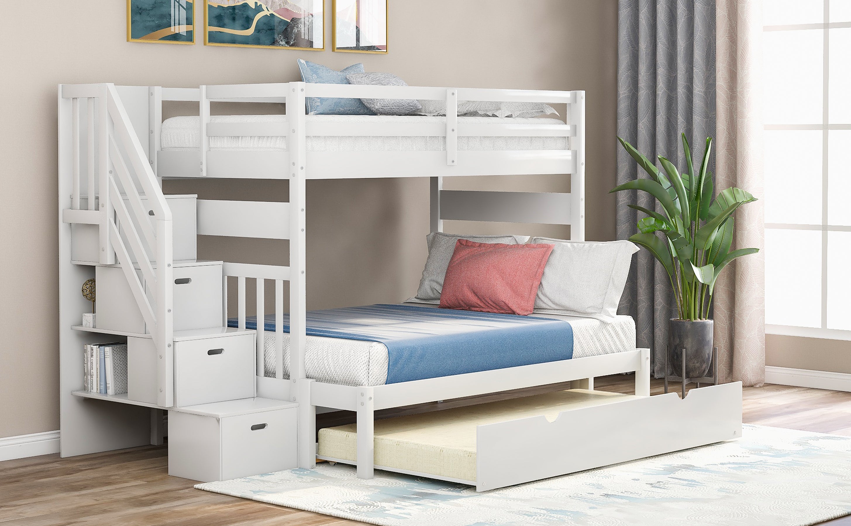 Twin over Twin/Full Bunk Bed with Twin Size Trundle (White)(OLD SKU :LP000025AAK) - Atlantic Fine Furniture Melbourne FL